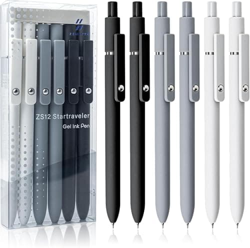 Fennec Mart 6 PCS Retractable Gel Pens Set, Quick Dry Black Ink 0.5mm Fine Point Pens, Smooth Writing Rollerball Gel Ink Pens with Soft Touch Grip for School, Office & Home Use (Black White Grey)