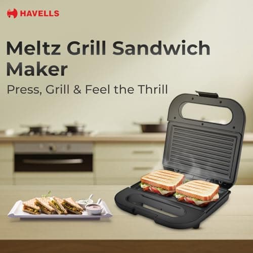Havells Meltz Grill Sandwich Maker | 800 W | Power Indicator Light | Non-Stick Coating Plates | Heat Resistant Body | Quick Heating (Black) 2