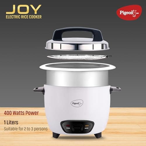 Pigeon by Stovekraft Joy Rice Cooker with Single pot, 1 litres. (White) | Toughened Glass Lid | 400 Watts | Aluminium Cooking Pot | Measuring Cup| Spatula | Energy Efficient Cooking 3
