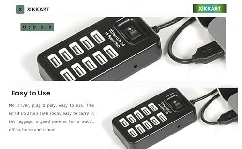 XIKKART 10-Port USB 2.0 Hub for PC Laptop Mobile | High-Speed Multi USB Adapter | Fast File Transfer 480Mbps | Plug & Play | Charging Hub | Portable Desktop USB Splitter | Windows Mac Compatible 3