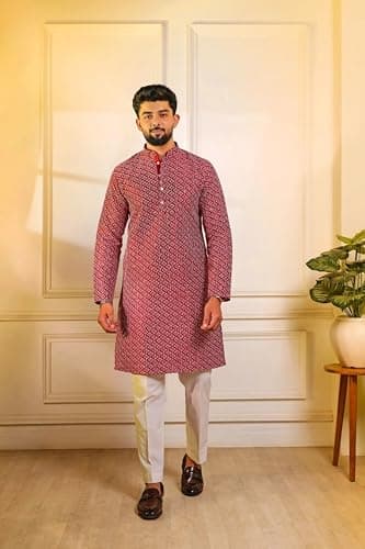 LookMark Men’s Printed Silk Blend Kurta with Mandarin Collar, Full Sleeves, Straight Fit Traditional Ethnic Wear-(AZ-LM-OG1-KURTA 33 Maroon-M) 2