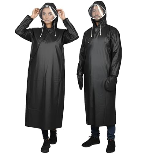 HACER Unisex Rain Poncho 410GSM with Adjustable Hood Full Sleeves Water Resistant Lightweight Outdoor Bike Raincoat for Men & Women Camping Hiking and Travelling (XL, Black)
