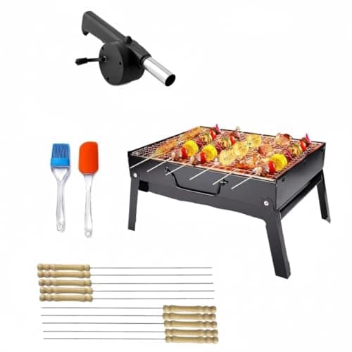 THEODORE Barbecue Grills - Foldable Charcoal Barbeque Grill With (2 Spatula, 1 Bbq, 12 Stick, 1 Air Blower) | Outdoor bbq grill tools for Camping Picnics Traveling - Stellar Black (Barbecue set)