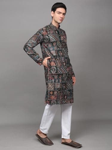 Exotic India Multicolor Thread Embroidered Floral Motifs and Sequins work Georgette Kurta with Cotton Pajama | Ethnic Party Wear Kurta Pajama Combo Set for Men 2