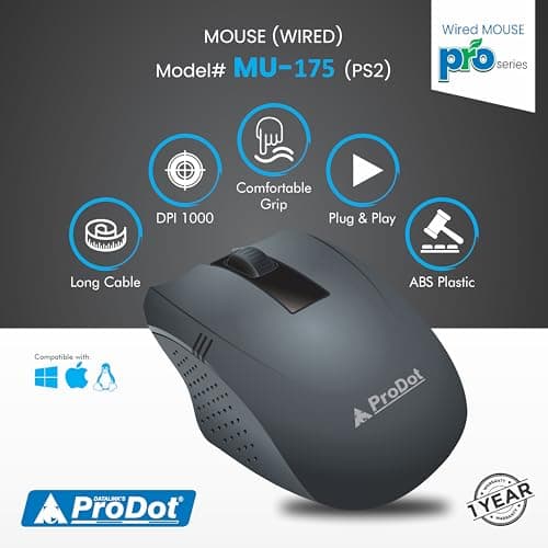 Prodot PS2 Plug & Play Ergonomic Wired Mouse I High Resolution 1000 DPI Optical Sensor I 5M Key Press Life & Clickable Scroll Wheel I 1 Year Warranty I Works with Windows, iOS, Linux (2 PC) 2