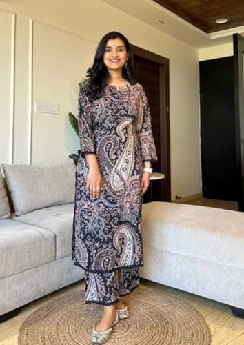JEENAX_INDIA CREATION'S Women's Cotton Printed Straight Kurti with Pant Two Piece Co-ord Set (Black-XXL) 2