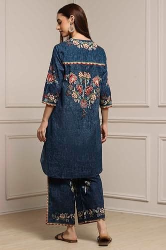 Biba Women Blue Cotton Straight Printed Kurta Pants Set_34 6