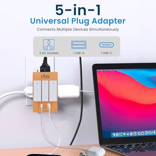 rts Type C PD and USB 3 Pin Multi Plug Socket-Worldwide Universal Travel Adapter with USB Ports & Individual Switch LED Indicator-3 Way Plug Socket (5A-250V) Type D Plug for Home Office Orange 2