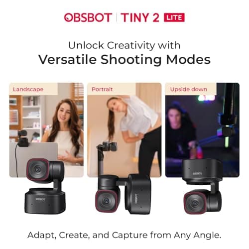 OBSBOT Tiny 2 Lite AI-Powered 4K PTZ Webcam with AI Tracking, 1/2″ Sensor, 1080p@60FPS HDR, Gesture Control, Dual Microphones, Auto Focus | Webcam for PC, Laptop, Streaming, Meetings & Video Calls 4
