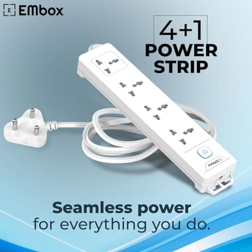 EMBOX 1500W Extension Board with Switches | 4 Universal Sockets Master Switch | Spike Guard, LED Indicator| 2 Meter Extension Cord 3