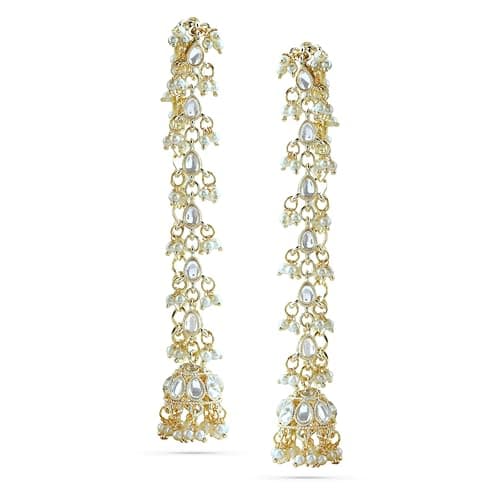 Rubans 18K Gold-Plated White Kundan & Glossy Pearl Beaded Long Jhumka Earring Extension for Women – Ideal for Bridal & Festive Styling