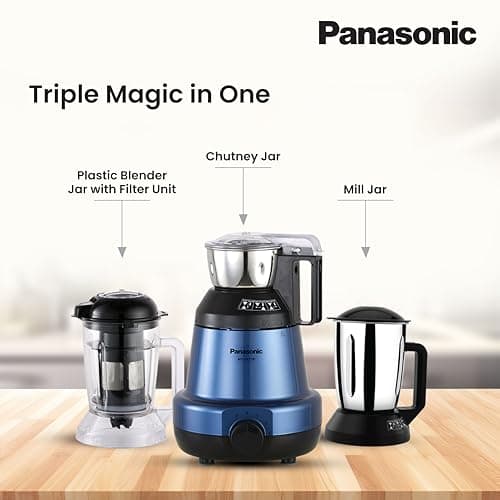 Panasonic Heavy Duty Mixer Grinder For Kitchen MX-GE3790 (Metallic Blue) Powerful 1200W Motor | 1 Stainless Steel Chutney, 1 Mill & 1 Blender Jars |Warranty 2 Years on Product & 5 Years on Motor 3