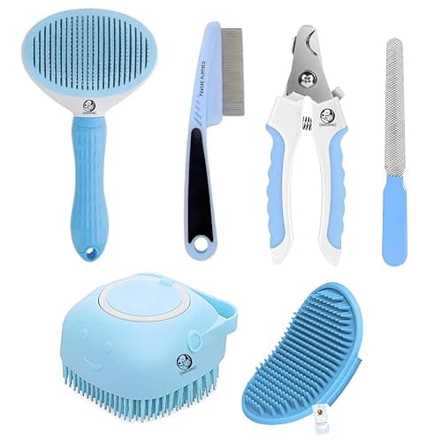 Foodie Puppies 5-in-1 Grooming Combo of (Oval Slicker Brush, Flea Comb, Silicone Bath Brush, Soothing Glove, Nail Clipper & Filer) for Dogs & Cats I Self-Cleaning Tools for Grooming (Color May Vary)