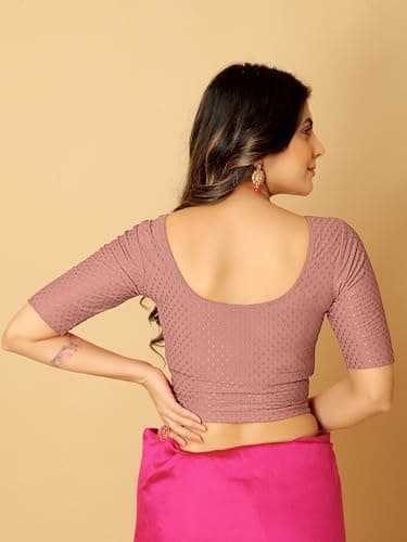 Amazon Brand - Anarva Round Neck Dobby Cotton Lycra Stretchable Elbow Sleeve Readymade Saree Blouse for Women Stylish (Cotton-dobbi-Dusty-Pink-XL) 5