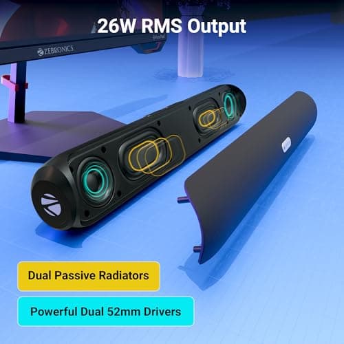 Zebronics Wireless Bluetooth Soundbar, 26 Watts, Upto 7 Hours Playback, Dual 52mm Drivers, Dual Passive Radiators, LED Indicator, TWS, Fabric Finish, Type-C Charging, USB, AUX (Vita Bar 203) 3