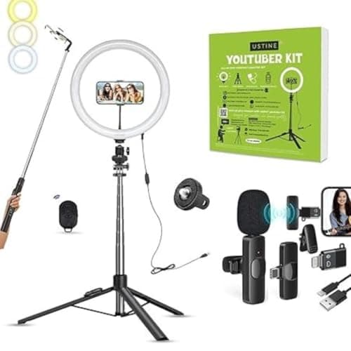 USTINE Youtuber Kit | 10" Ring Light | Wireless mic | Extra-Long Selfie Stick with Large Reinforced Tripod Upto 67 inch/170 cm with, BT, Fb Videos, Reels. (Tripro X5 + 10" Light+Wireless Mic)