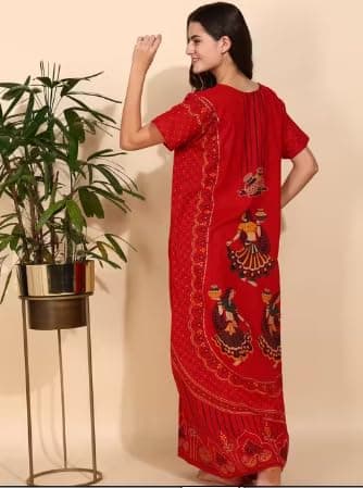 Women's Cotton Maternity Nightdress, Maxi Length Nighty, Printed (RED, L) 2