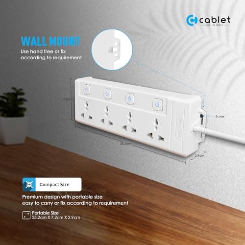 Cablet Extension Board 3 Meter Cable, 2500W 10A, 4 Universal Multi Plug Socket, 4 Individual Switches, 3 Mtr Heavy Duty Cord, LED Indicator, Power Strip for Home & Office Use 4