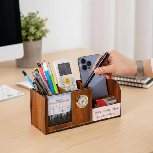 Deskart Personalized Pen Holder Stand with Clock, Two Years Calendar, Business Visiting Card & Mobile Holder | Multipurpose Desk Organizer with Name Engraving for Office Desk and Gifting 5