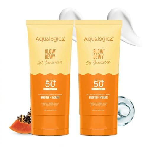 Aqualogica Glow+ Dewy Gel Sunscreen - 80 g x 2 | SPF 50+ PA++++ | In-Vivo Tested | New-age Filters | 12-Hour* Sun Protection | Tan Protection | For Bright & Hydrated Skin | Fragrance-Free & No White C
