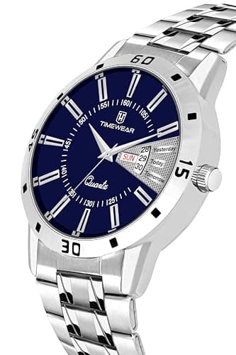 TIMEWEAR Formal Day Date Watch Collection Stainless Steel Analog Men's Watch (Blue Dial Silver Colored Strap) 4