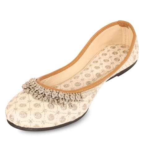 DFR Women Rajasthani Ethnic Embroidery with Payal Punjabi Mojari's Jutti’s, Color - Cream, UK Size - 9 3
