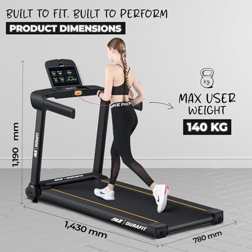Durafit91™ Surge 5 HP Peak BLDC Motorized Treadmill | 25 Level Auto Incline | Max User Weight 140 Kg| Home Cardio | Max Speed 16 Km/Hr | Bluetooth Speaker | Wynd app | Home use 2