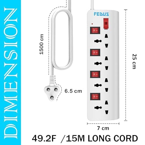 FEDUS 15 Meter 49.2 Feet Long Switch Board Extension|Pack 1 Extension Boards with Switch,Extension Board with Long Wire,Extension Board for Computer,Surge Protectors Spike Buster,240 Volts,White 5