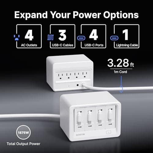 Gitryin 12-in-1 Desktop Charging Station with 3 Retractable Type-C Chargers and 1 Lightning Charger, 40W USB-C Power Strip with 31.5in Cable, Extension Cord with 1020J Surge Protection for Home Office 2