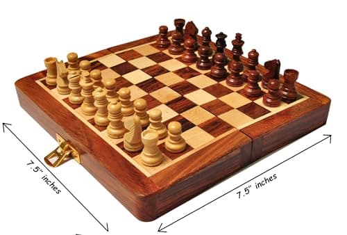 PALM ROYAL HANDICRAFTS Very Small Size Wooden Handmade Foldable Magnetic Chess Board Set with Magnetic Pieces and Extra Queens for Kids and Adults (7.5x7.5 Inches, Brown) 2