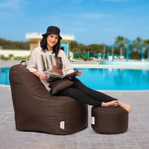 Amazon Brand - Solimo 4XL All Weather Water Resistant Lounger Bean Bag Combo with Footrest & Cushion, Filled with Beans | Multifunctional Pocket| Capacity: Upto 6'5'' Height, 125 KG Weight | Brown