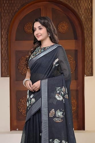 Women's Navy Blue Floral Saree with Blouse, Traditional Indian Ethnic Wear 2