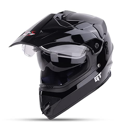 Steelbird GT Off Road ISI Certified Motocross Double Visor Full Face Helmet Outer Clear Visor and Inner Smoke Sun Shield (Glossy Black , Medium 580 MM)