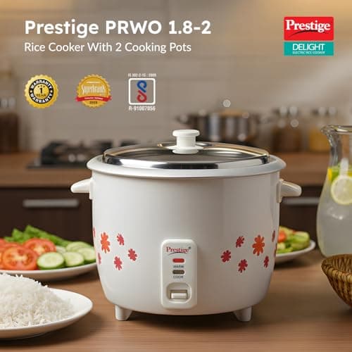 Prestige PRWO 1.8-2 Electric Rice Cooker| 2 Aluminium Cooking Pans | Stainless Steel Lid | Grey/White | Cool Touch Handles | Detachable Power Cord | 700- Watt|1.8 Litres 2