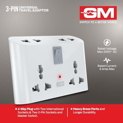 GM 3019 3 Pin Universal Multi Plug Travel Adaptor with 6 AMP for Home Applications, Computers, Laptops 5