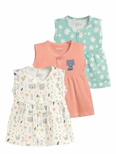 HELLCAT 100% Cotton Baby Frock Dress for Girls - Pack of 3, Soft & Trendy, Sleeveless (0-18M)_Cream/Peach/Sea Green_6-12 Months