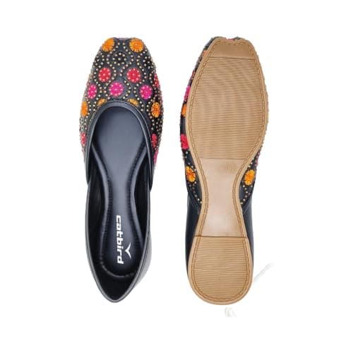 CatBird Women's Black Designer Emboidery with Stone Work Punjabi Jutis 8 UK 4