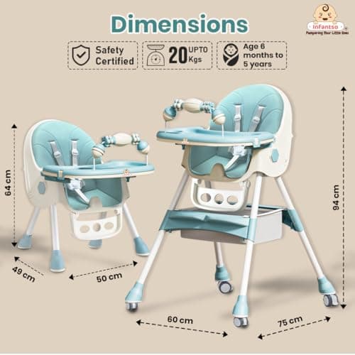 Infantso Feed-X (5-in-1) Baby High Chair/Baby Feeding Chair with Foot Support for 0 to 5 Years Baby, High/Feeding Chair Foldable, Height Adjustable, Safety Harness, Wheels, Cushion, Portable Chair 6