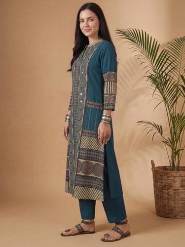 INDO ERA Women's Red Cotton Blend Solid Solid Straight Fusion Kurta & Pant with Dupatta Set 4