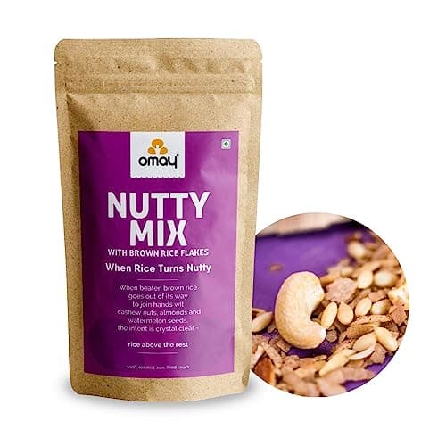 Omay Foods Nutty Mix, 400g Pouch | Brown Rice Chivda with Cashews, Almonds and Watermelon Seeds | Chatpata Trail Mix | Oil Free Roasted Snack | Healthy Namkeen | Weight Loss Snack