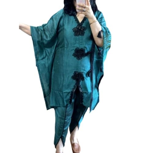 Women's Fusion Coord Set – Premium Kaftan Top with Handwork & Tassel Details and Lace Tulip Pants – Chic Ethnic Indo-Western Outfit for Parties & Festive Occasions (Standard, Ocean Blue, M)