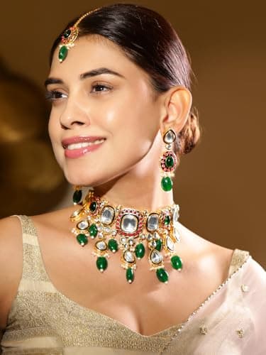 Rubans 24K Gold-Plated Kundan & Green Beaded Choker Necklace Set with Red Stone Accents 2
