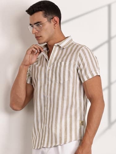 Thomas Scott Mens Half Sleeves Cotton Linen Striped Casual Shirt (TS1375_Brown, 3XL) 2