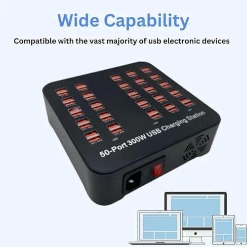 Drumstone 𝟏 𝐲𝐞𝐚𝐫 𝐰𝐚𝐫𝐫𝐚𝐧𝐭𝐲, 50 Port USB Charging Station, 200W Power Output, Multiple Device Desktop Charger, Smart Fast Charging Hub for Schools, Hotels, Malls, Repair Shops 2