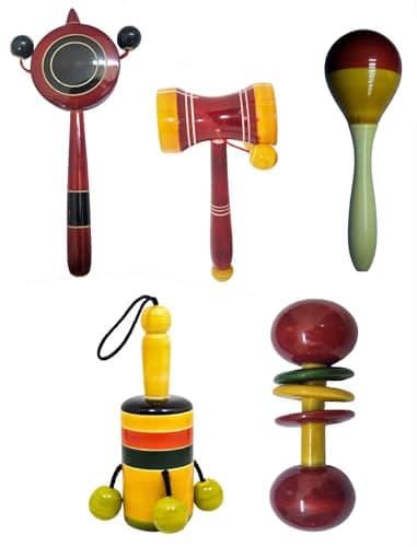 WudCraft Wooden Baby Rattles Combo Pack Set of 6, Non Toxic Channapatna Toys - Baby Musical Toys, Teether, Natural Colours, Loud Sound for New Born, Baby, Infants. 2