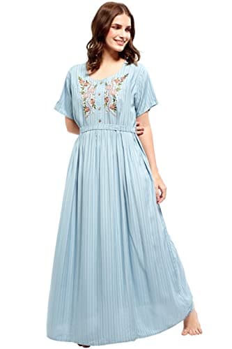 ZEYO Women's Rayon Light Blue Floral Embroidery Ghera Nightwear Set Night Gown 5683,Large 6