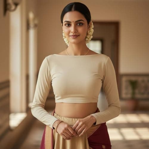 Women's Beige Color Boat Neck Full Sleeve Cotton Crop Top's|Choli Blouses for Women|Readymade Blous and Croptop for Saree 2