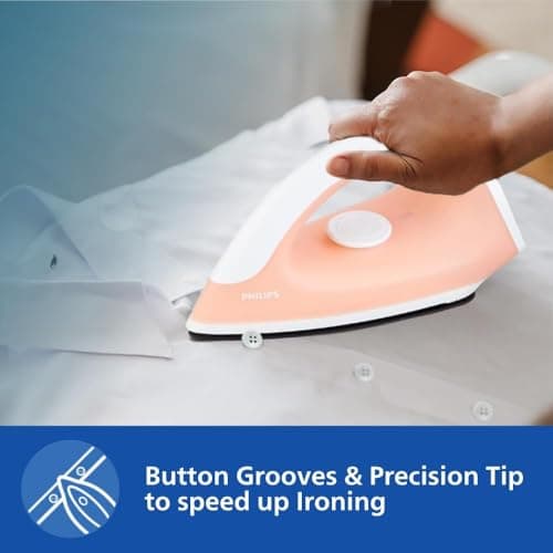 Philips GC097/50 750-Watt Dry Iron (World no. 1 Ironing Brand), Light & Easy to Use, Powerful 750 Watt Heat up with a comforable wide grip, Black Non Stick Soleplate (Peach) 5