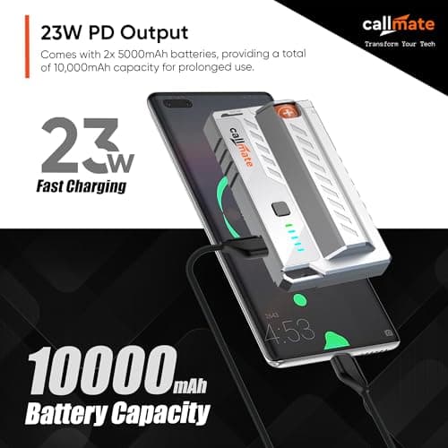 callmate Shotgun 23W PD Fast Charging 10000mAh Power Bank with USB-C PD Output, Lightweight & Portable, Replaceable Cells with 2X 5000mAh for Smartphone (Lithium-Ion, 2X 5000mAh), White 2