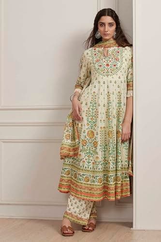 Biba Women Cream-Toned Cotton Printed Kalidar Suit Set_34 2